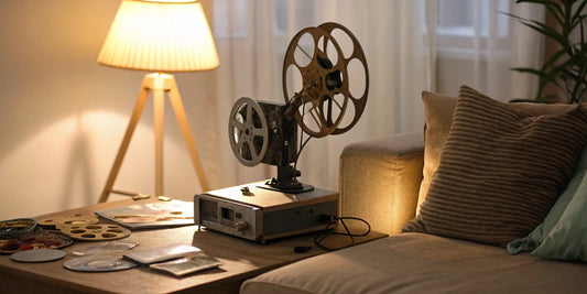 8mm film reel and DVD on a table.