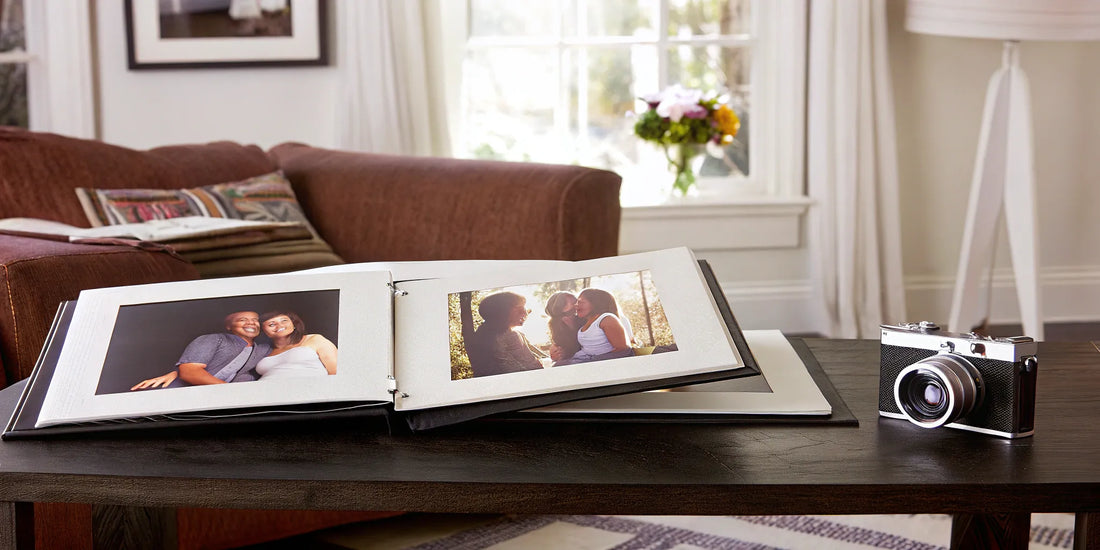 Vintage camera and open photo album for a review of the best photo scanning service.