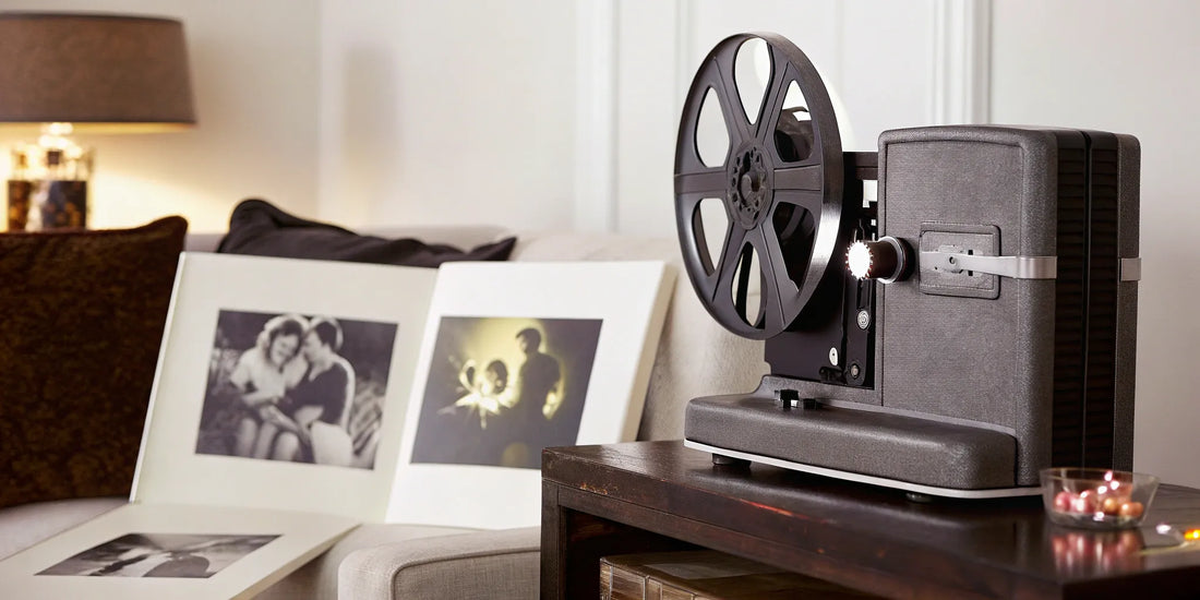 Super 8 film projector with photo albums.