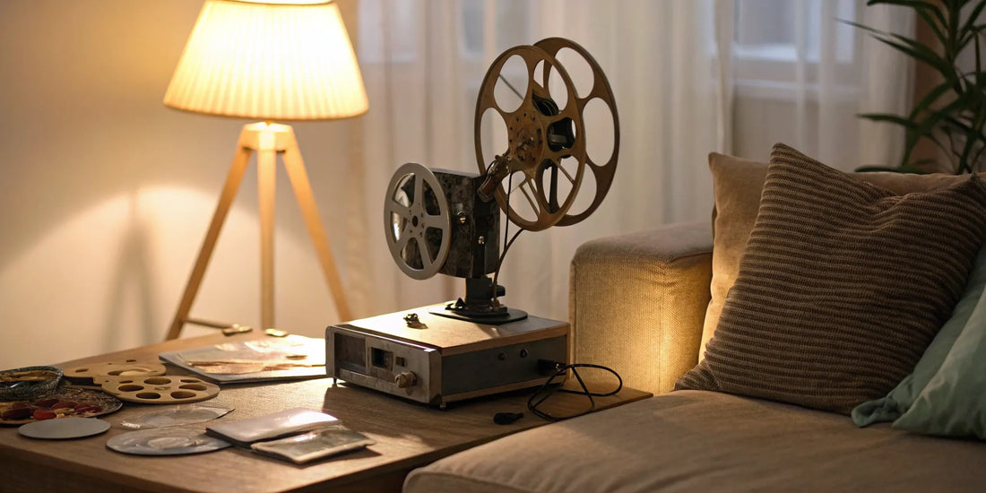 8mm film reel and DVD on a table.