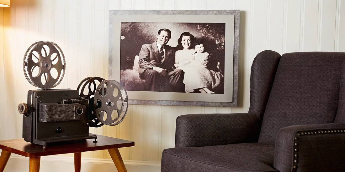 8mm film reel and family photo.