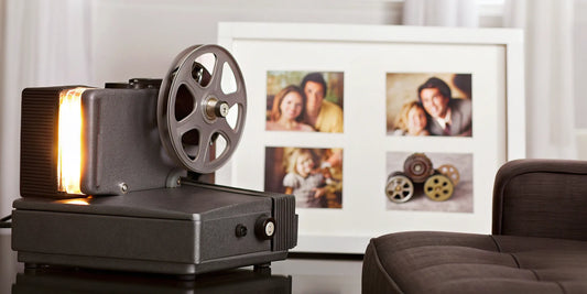 Film reels and family photos ready for transfer.