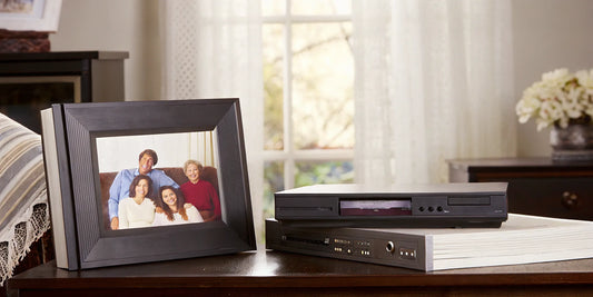 VCR to digital converter connects to VHS player.