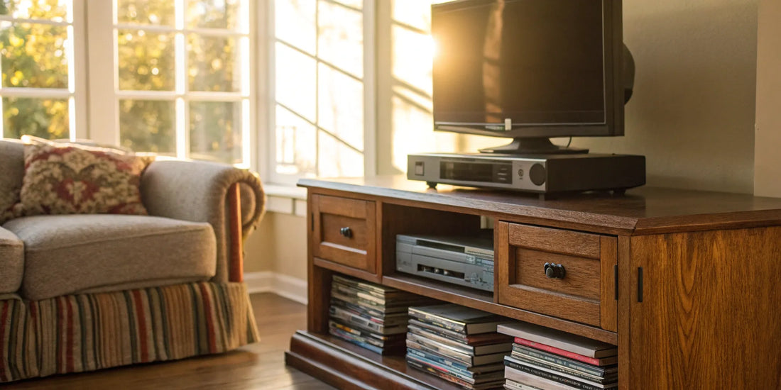 VHS to DVD converter connected to a TV.