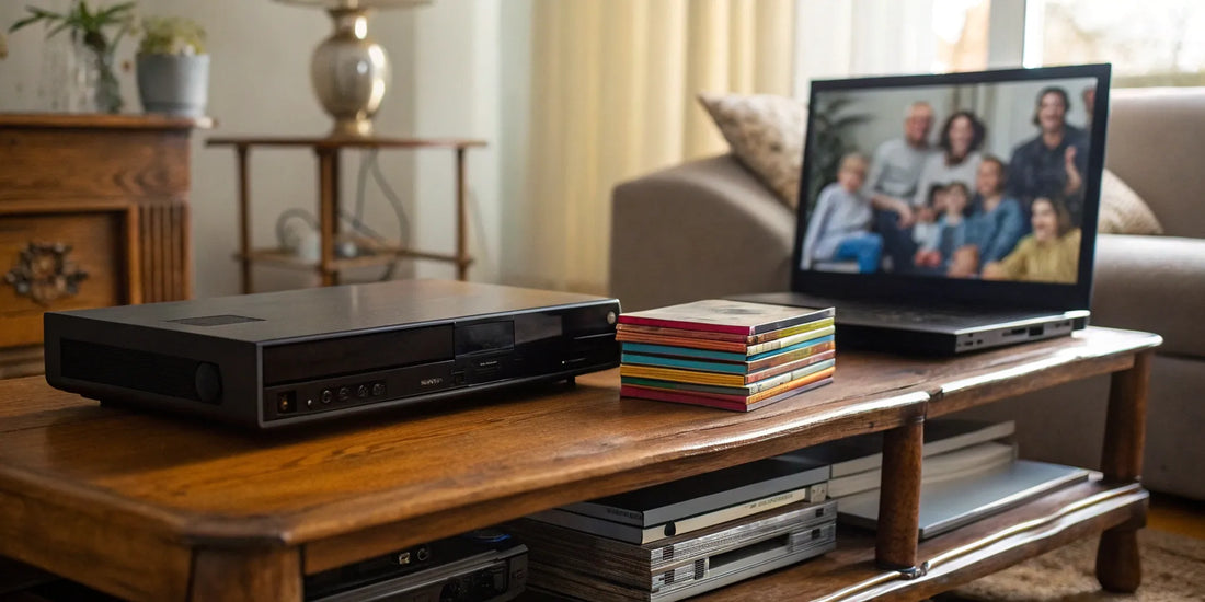 Convert VHS tapes to digital with VHS player and laptop.