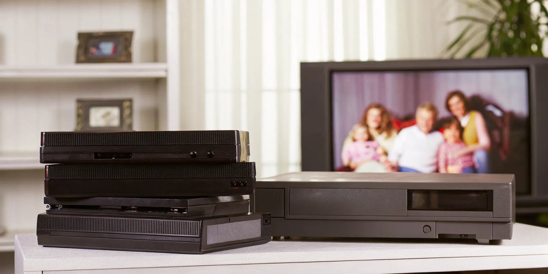 Digitize VHS tapes. VCR and tape stack.