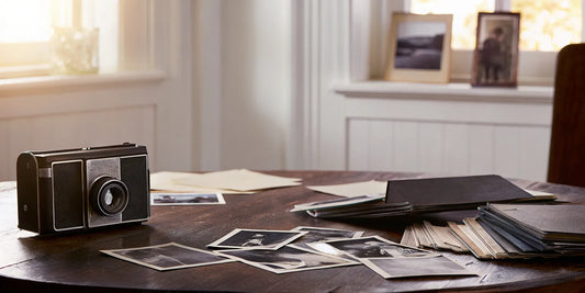 Digitize old photos with vintage camera.