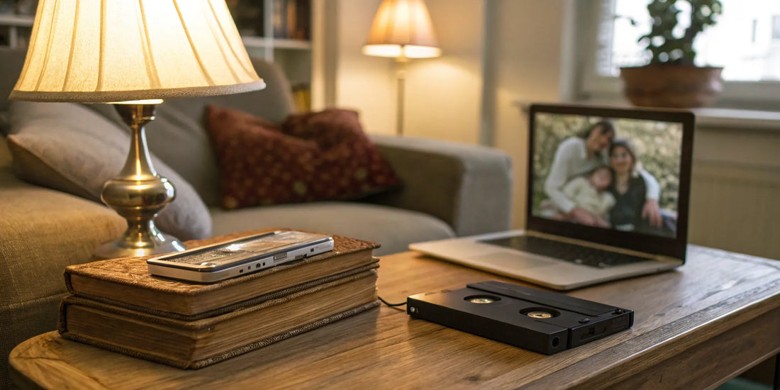 VHS to digital converter connected to a laptop.