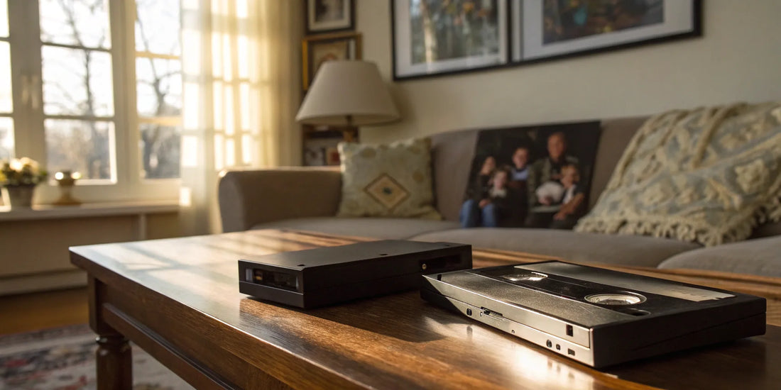VHS tapes stacked for DVD transfer.