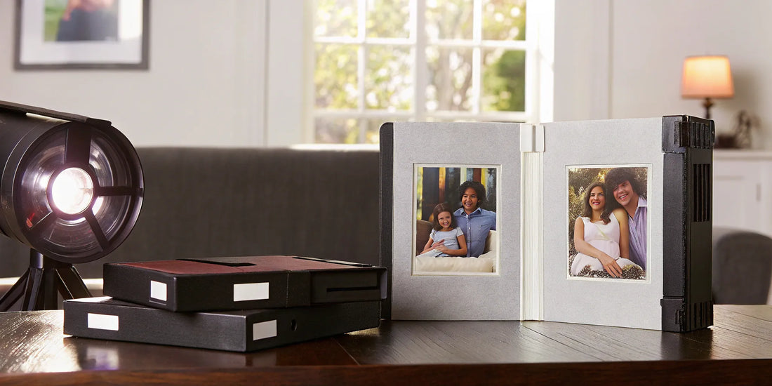 Old VHS tapes, projector, and photo album.