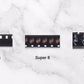 Film strips labeled 8mm, Super 8, and 16mm on a light background