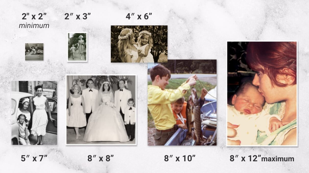 Accepted photo sizes from 2×2 to 8×12 inches including 2×3, 4×6, 5×7, 8×8, and 8×10