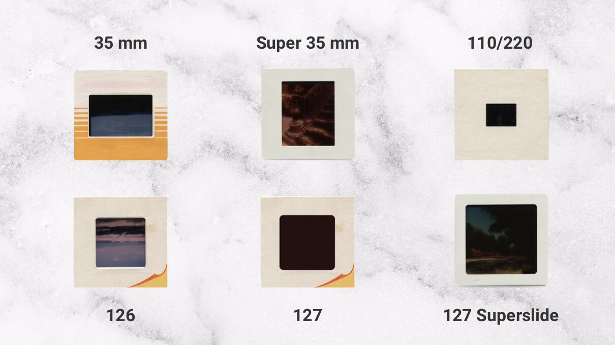 Slide formats shown: 35mm, Super 35mm, 110/220, 126, 127, and 127 Superslide
