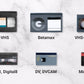 VHS and S-VHS, Betamax, VHS-C and S-VHS-C, Video8/Hi-8/Digital8, DV/DVCAM, and MiniDV/DVC tapes on a light background.